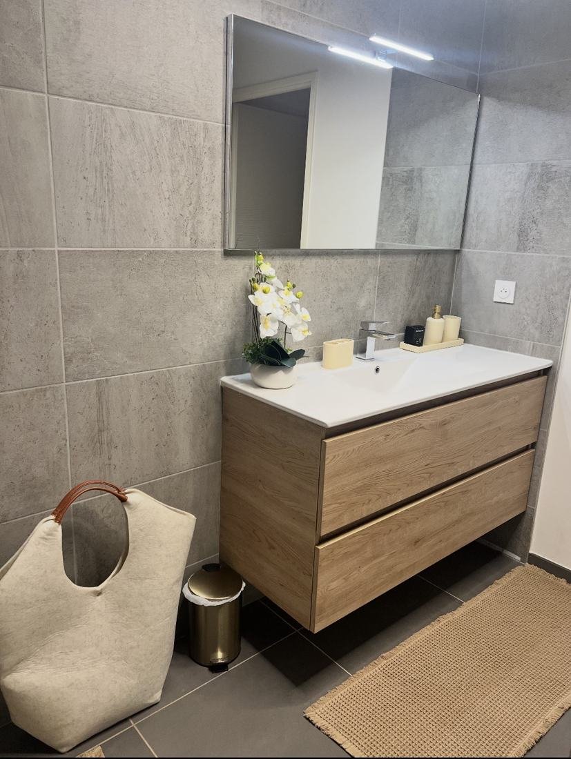 Salle d’eau avec meuble vasque et miroir